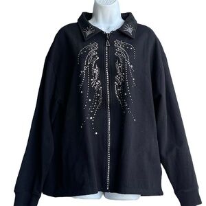 ISAACS DESIGNS Rhinestone Fleece Jacket Plus Size 1X Zip-Up Black Long Sleeve
